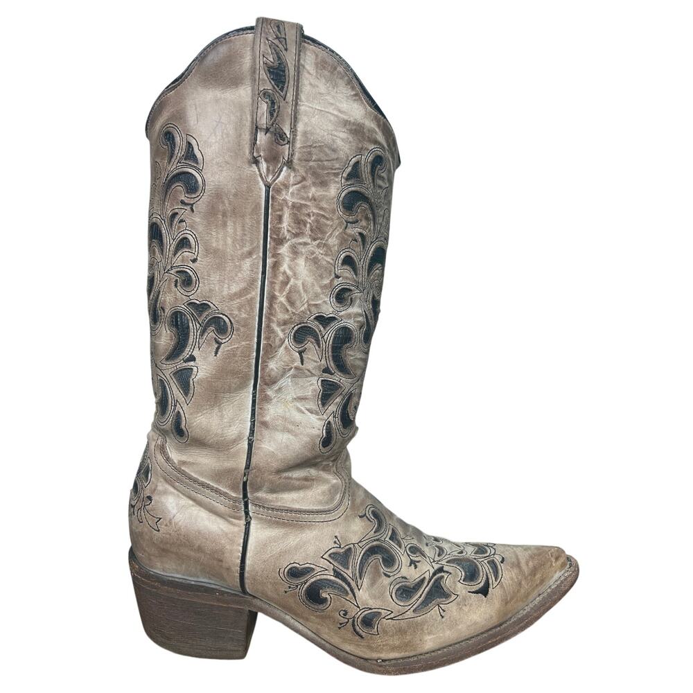 J.B. Dillon Women’s Tan Distressed Leather Inlay Cowboy Boots Size US 10 B